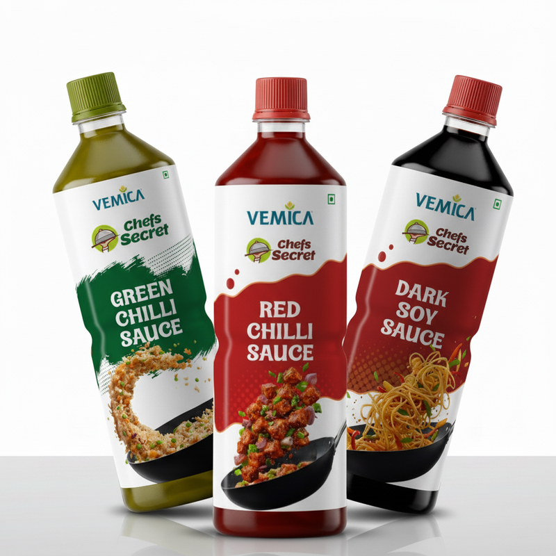 Vemica Chinese Sauce Trio Combo — Green Chilli, Red Chilli & Dark Soy