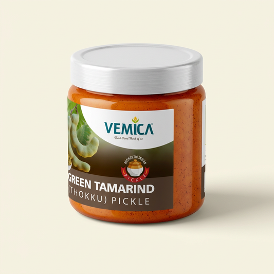Vemica Green Tamarind Pickle 200g jar side view