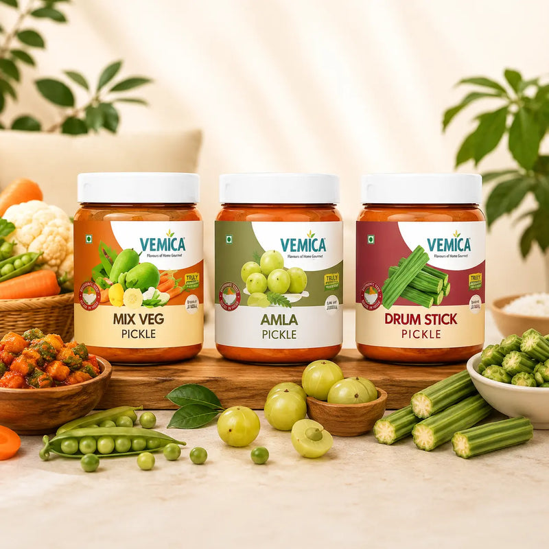 Veg Pickle Combo Pack – Mixed Veg Pickle, Drumstick Pickle, Amla Pickle (3 x 200g)