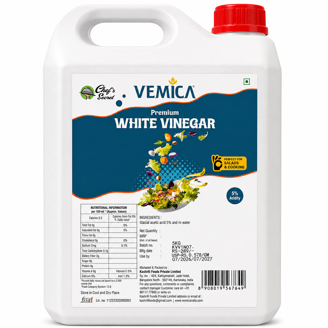 Vemica Premium White Vinegar 5 KG | Food Grade White Vinegar for Cooking, Pickling & Commercial Use