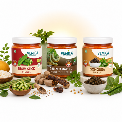 Andhra Special Pickle Combo – Gongura Pickle, Drumstick Pickle, Tamarind Pickle (3 x 200g)