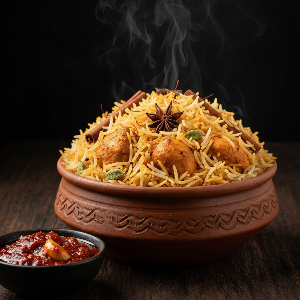 Biryani with Tomato Garlic Pickle
