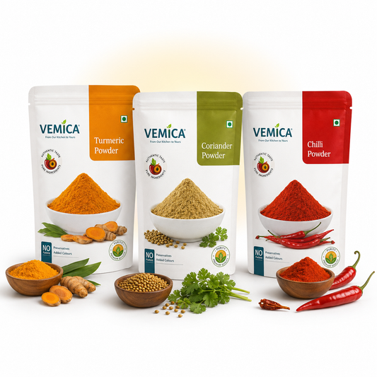 Everyday Spice Combo – Chilli Powder 500g, Turmeric Powder 500g, Coriander Powder 500g & Chat Masala 100g | Basic Indian Cooking Spice Set