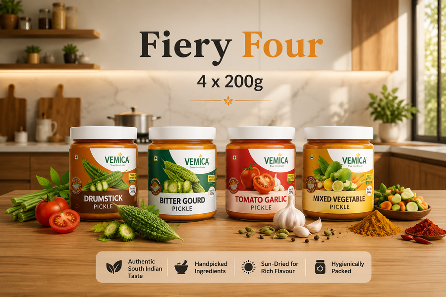 Fiery Four – Spicy Pickle Combo (Drumstick, Bitter Gourd, Tomato Garlic & Mix Veg) 4 x 200g