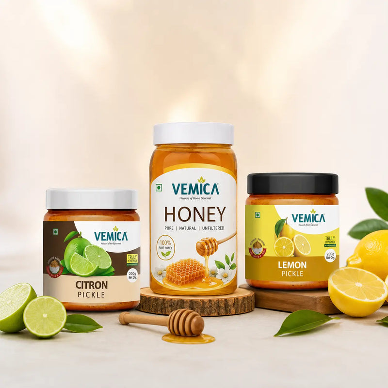 Detox & Digestion Combo – Lemon Pickle 200g, Citron Pickle 200g, & Honey 100g | Tangy Pickles and Digestive Rasam Pack