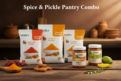 Spice & Pickle Pantry Combo – Red Chilli Powder 500g, Turmeric Powder 500g, Cut Mango Pickle 200g & Amla Pickle 200g
