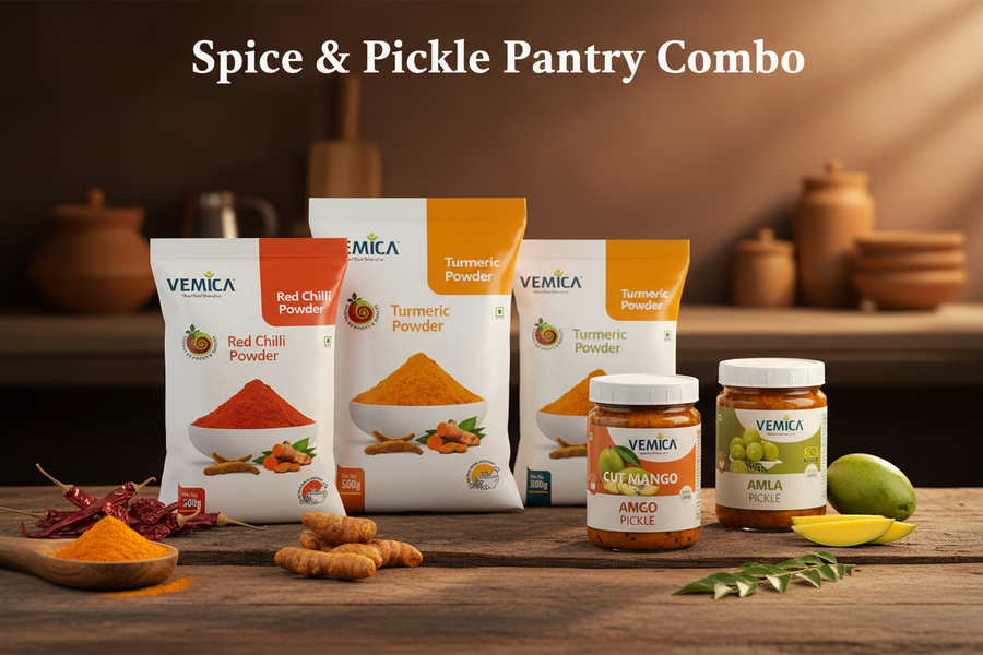 Spice & Pickle Pantry Combo – Red Chilli Powder 500g, Turmeric Powder 500g, Cut Mango Pickle 200g & Amla Pickle 200g