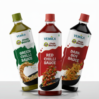 Vemica Chinese Sauce Trio Combo — Green Chilli, Red Chilli & Dark Soy