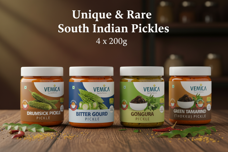 Unique & Rare South Indian Pickles Combo – Drumstick, Bitter Gourd, Gongura & Green Tamarind Pickle 4 x 200g