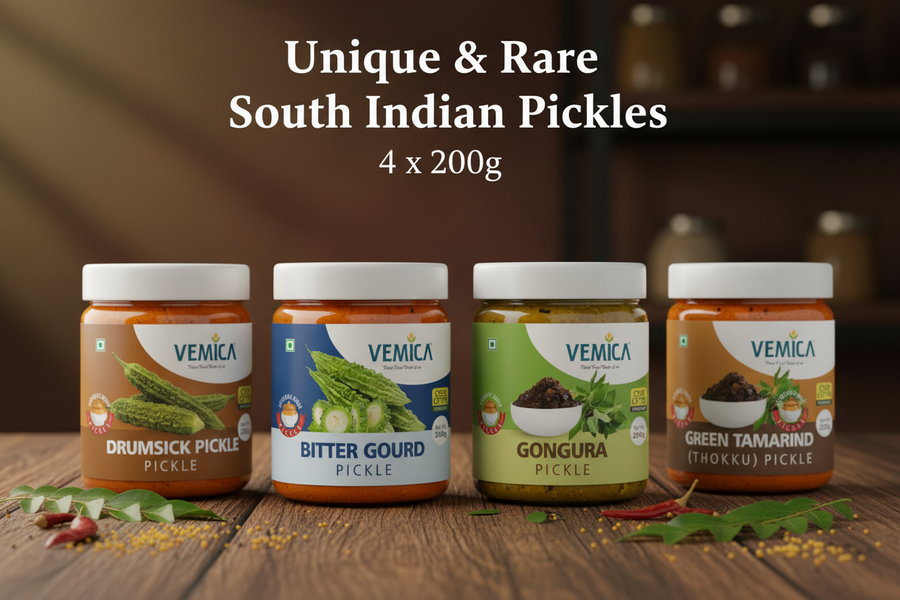 Unique & Rare South Indian Pickles Combo – Drumstick, Bitter Gourd, Gongura & Green Tamarind Pickle 4 x 200g