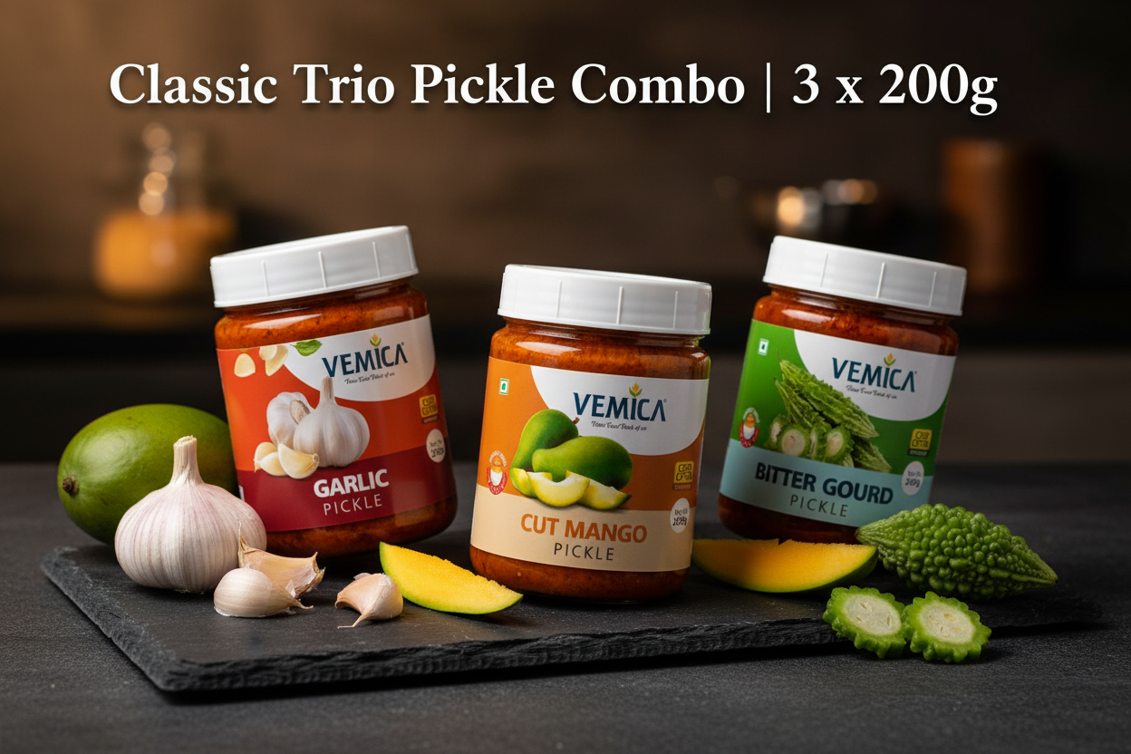 Classic Trio Pickle Combo – Garlic, Cut Mango & Bitter Gourd Pickle 3 x 200g