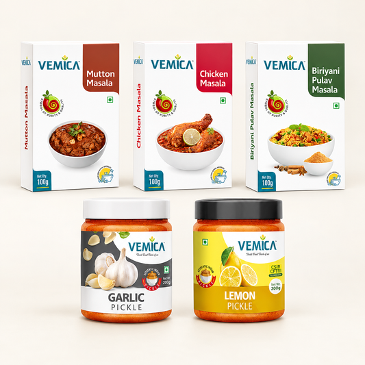 Chef's Signature Combo: Mutton, Chicken and Biryani Masala 100g each with Garlic and Lemon Pickle 200g each