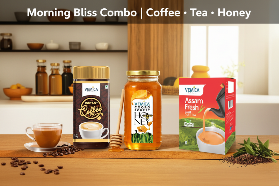 Morning Bliss Combo – Instant Coffee 100g, Assam Leaf Tea 100g & Honey 250g