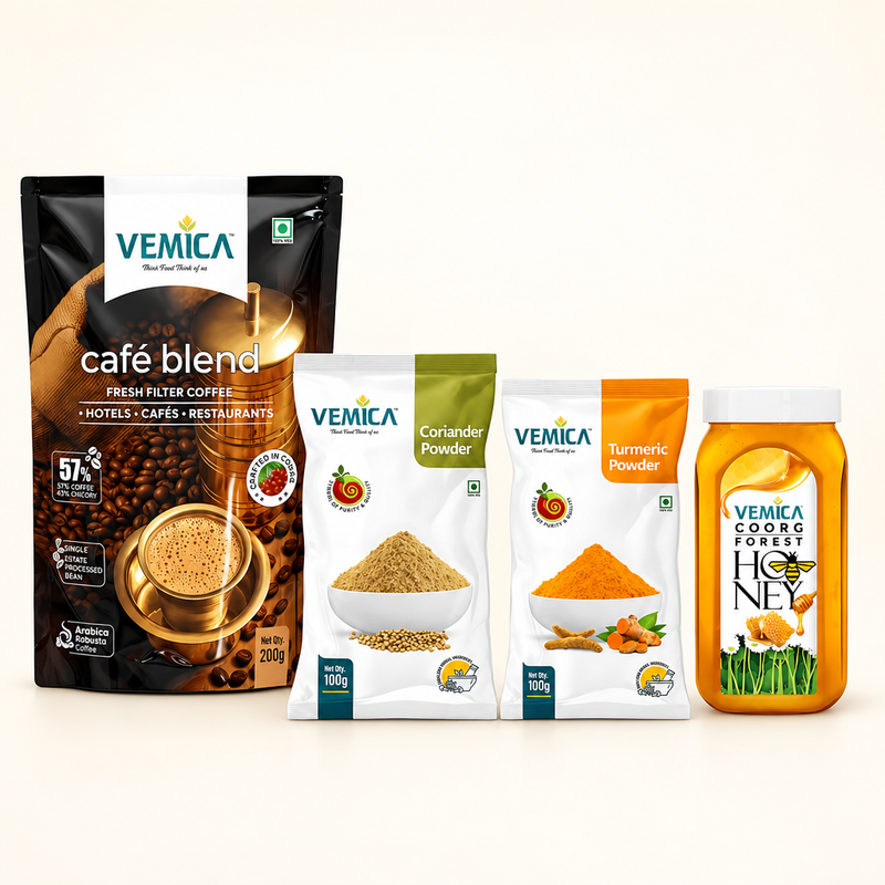 Healthy Morning Combo: Cafe Blend Coffee 200g with Honey, Coriander Powder and Turmeric Powder 100g each