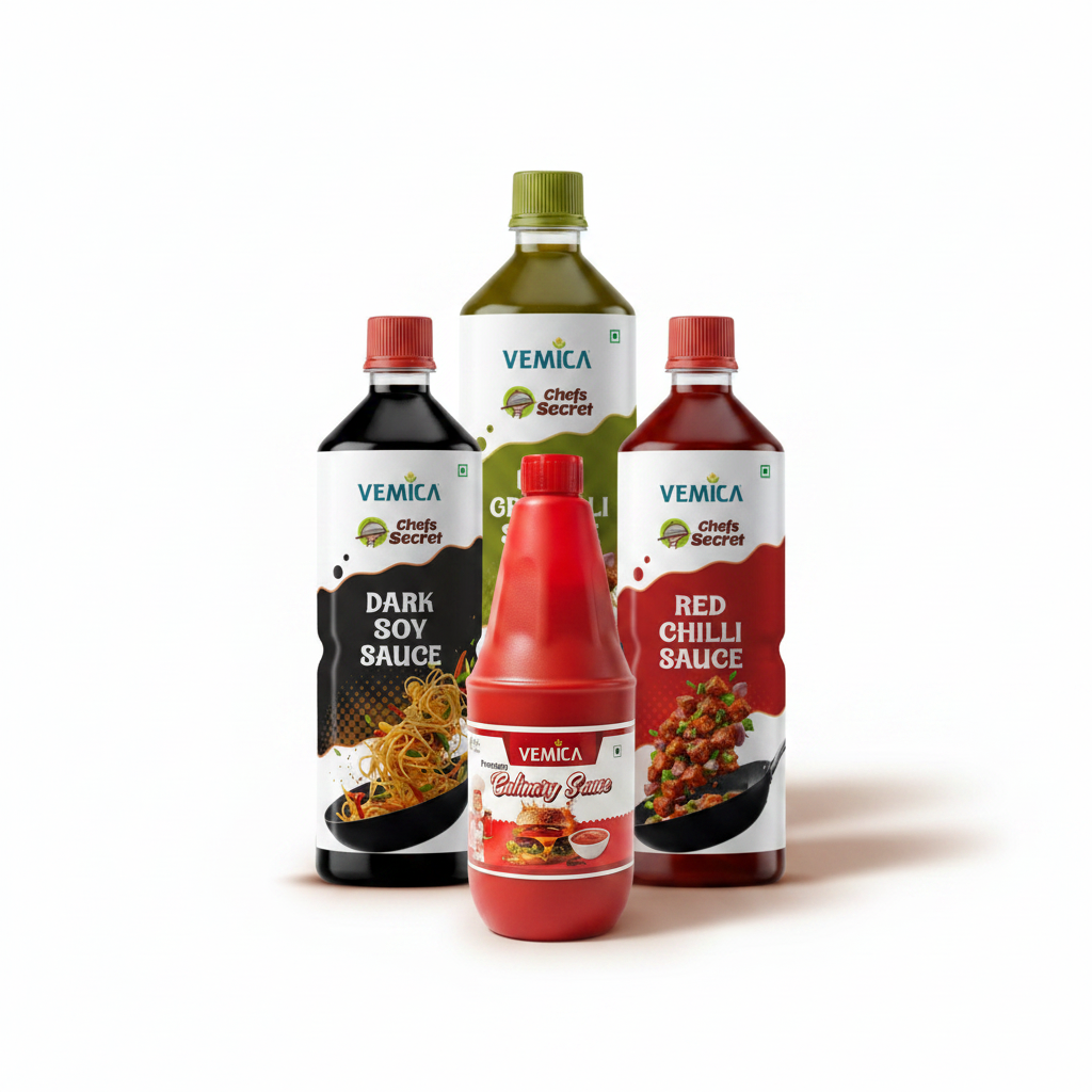 Vemica All Sauces Retail Combo — Green Chilli, Red Chilli, Dark Soy & Culinary