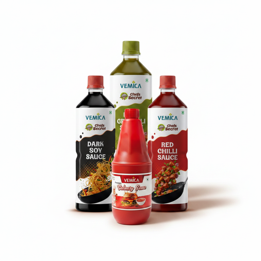 Vemica All Sauces Retail Combo — Green Chilli, Red Chilli, Dark Soy & Culinary
