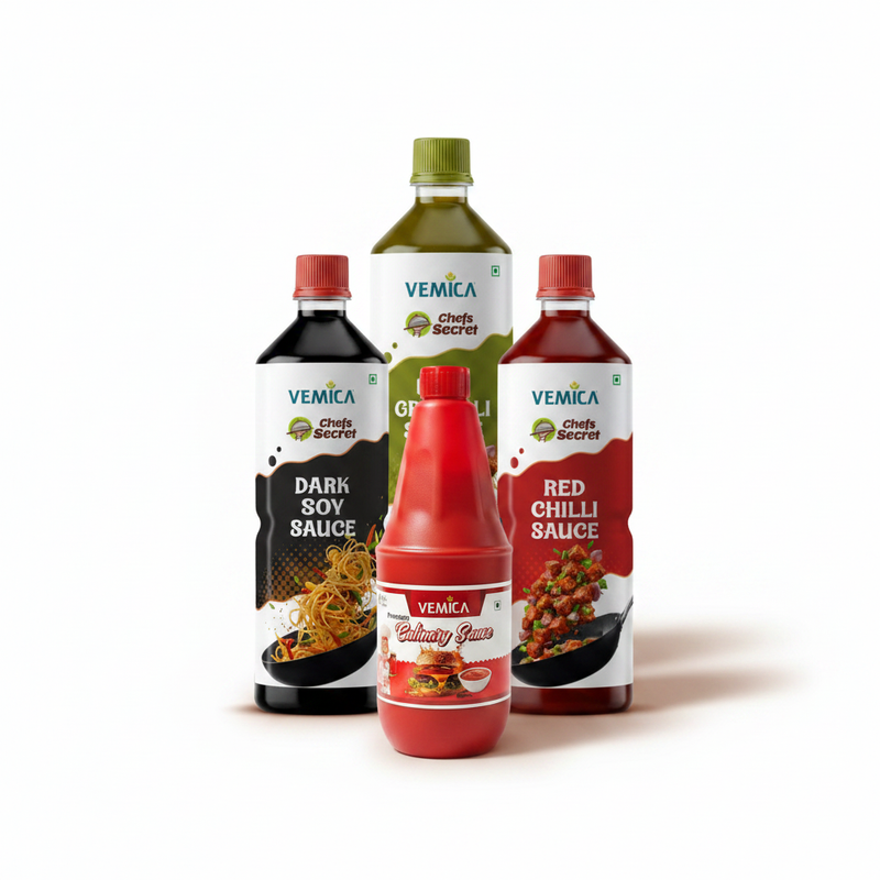 Vemica All Sauces Retail Combo — Green Chilli, Red Chilli, Dark Soy & Culinary