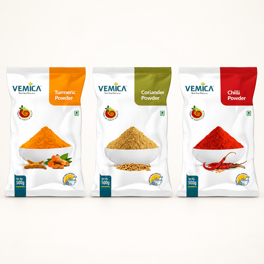 Everyday Kitchen Basics Combo: Turmeric, Coriander and Chilli Powder, three 500g pouches