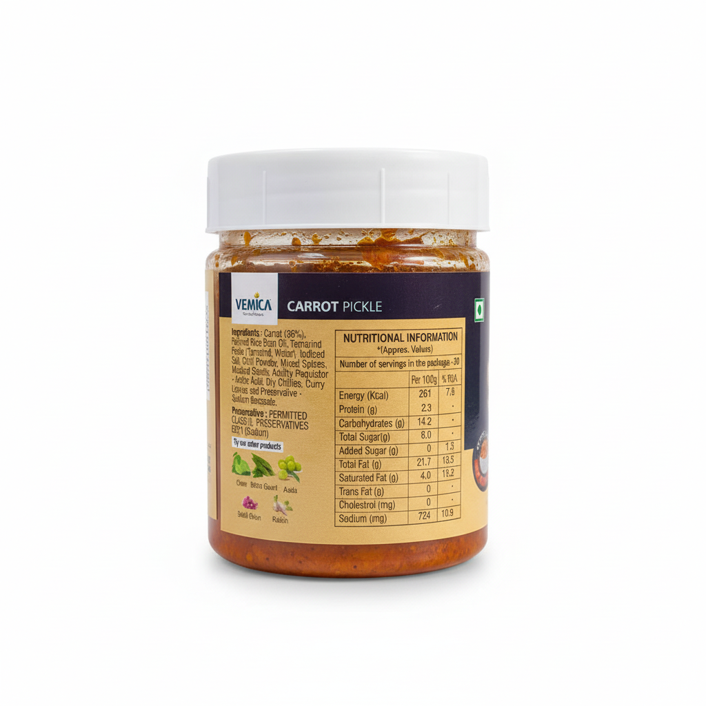Vemica Carrot Pickle 200g back label with ingredients and nutritional information on white background
