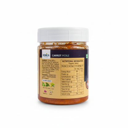 Vemica Carrot Pickle 200g back label with ingredients and nutritional information on white background