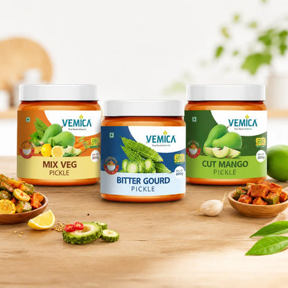 Pickle Trio Combo - Mix Veg, Bitter Gourd & Mango (200g Each)