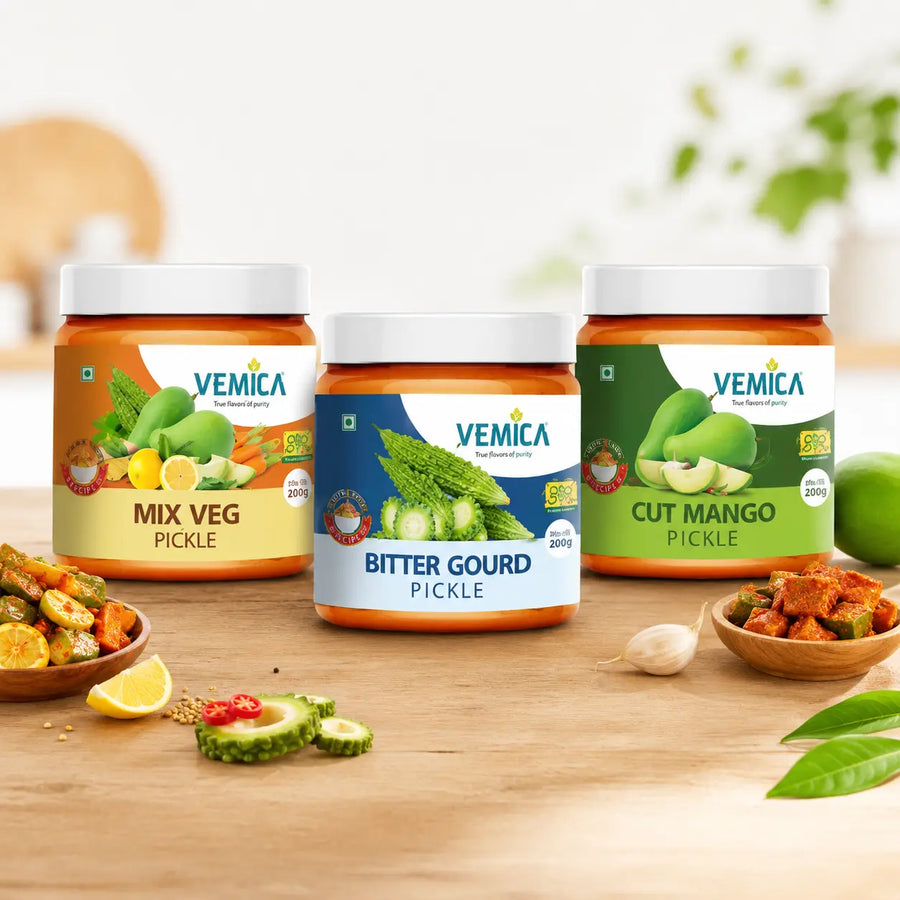 Pickle Trio Combo - Mix Veg, Bitter Gourd & Mango (200g Each)
