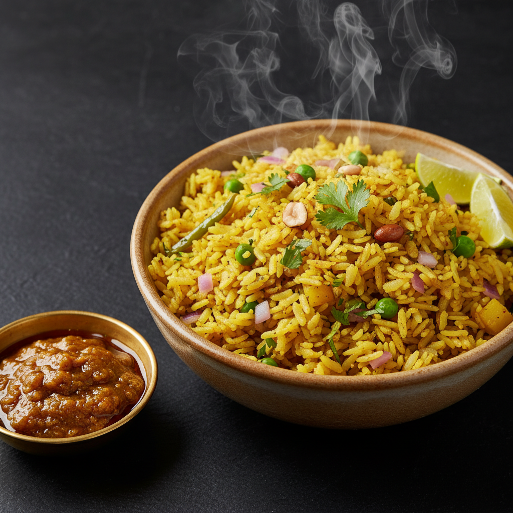 Poha with Garlic Pickle