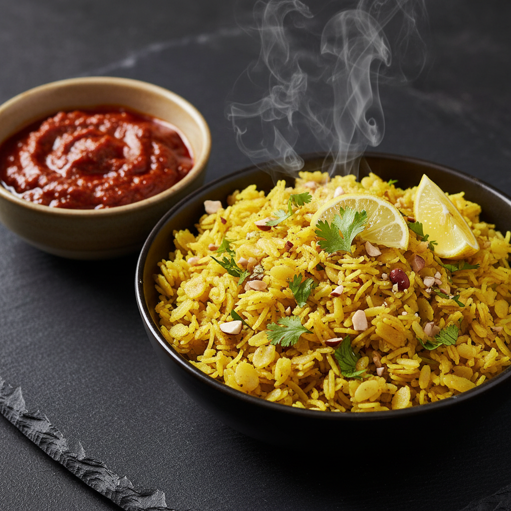 Poha with Tomato Garlic Pickle