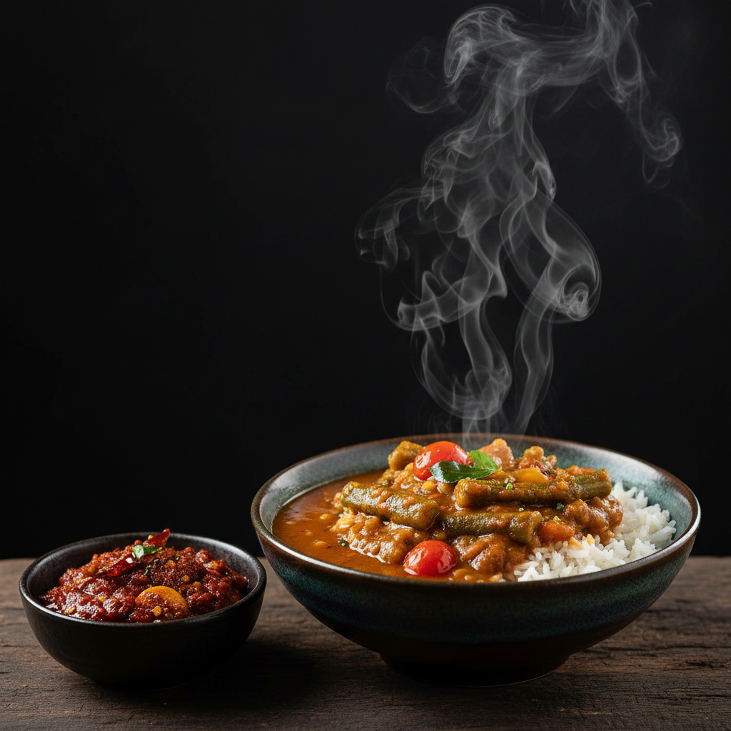 Sambar Rice with Tomato Garlic Pickle