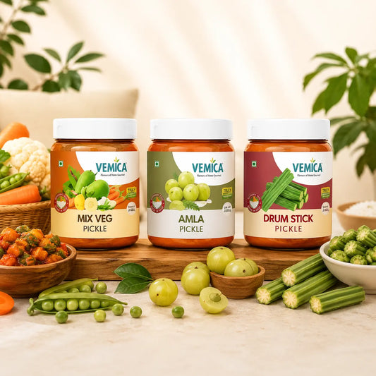 Veg Pickle Combo Pack – Mixed Veg Pickle, Drumstick Pickle, Amla Pickle (3 x 200g)